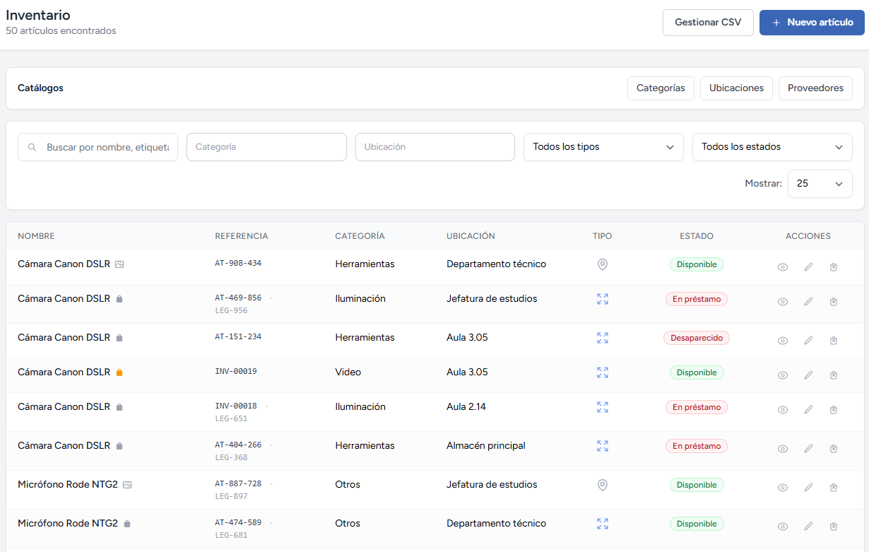 Listado de inventario de TicHub con artículos, referencias, categorías, ubicaciones y estados